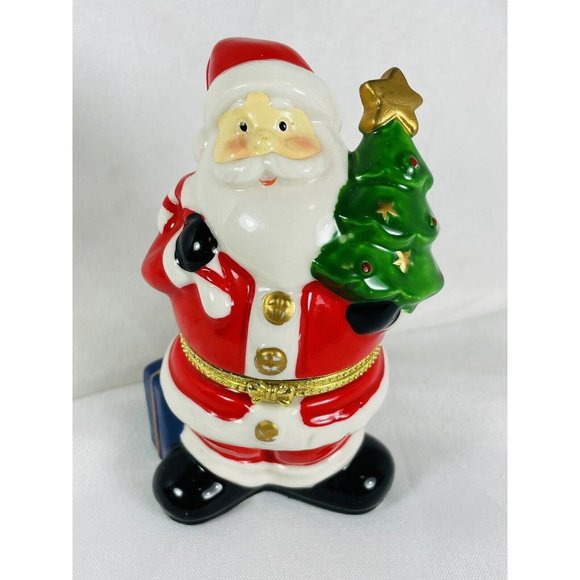 Santa Carrying Tree Porcelain Christmas Trinket Box Hinged Gold Accents - Picture 2 of 11